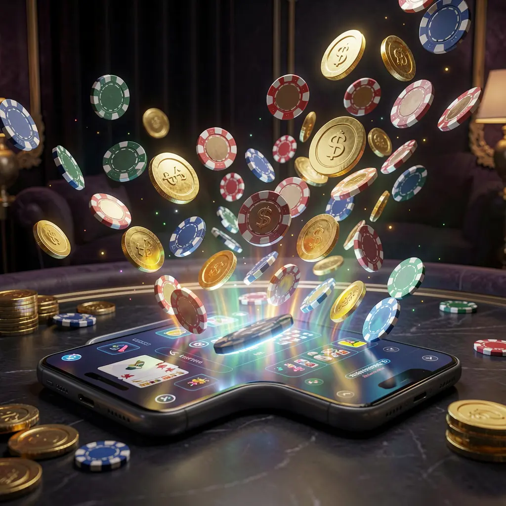 Tela de smartphone brilhando com fichas de cassino e moedas saindo dela, exibindo o aplicativo de jogos online 556PG sobre um fundo escuro luxuoso com iluminação cinematográfica em uma renderização 3D altamente detalhada Tela de smartphone brilhando com fichas de cassino e moedas saindo dela, exibindo o aplicativo de jogos online 556PG sobre um fundo escuro luxuoso com iluminação cinematográfica em uma renderização 3D altamente detalhada