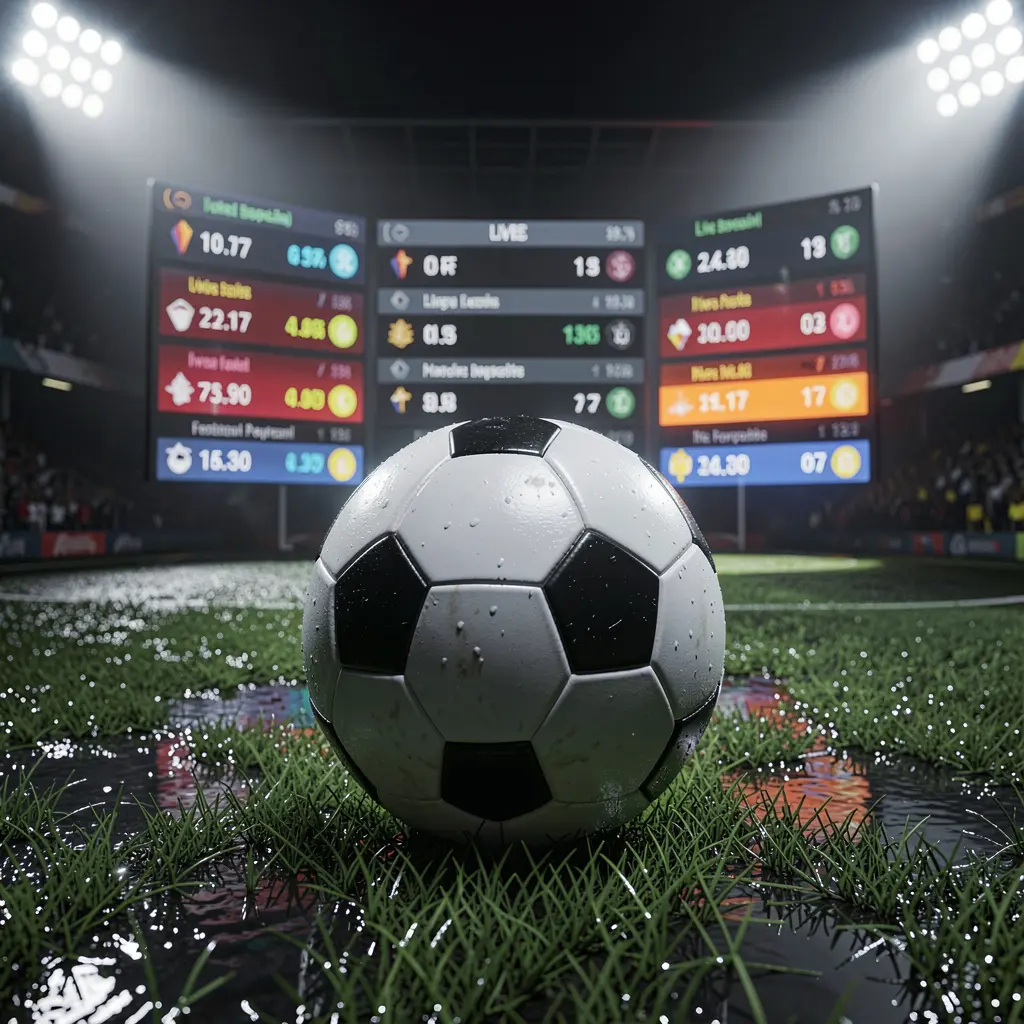 Banner da página de apostas em futebol 556PG apresentando uma bola de futebol na grama molhada sob luzes dramáticas de estádio, com gráficos brilhantes de odds ao vivo ao fundo, em uma atmosfera esportiva premium escura