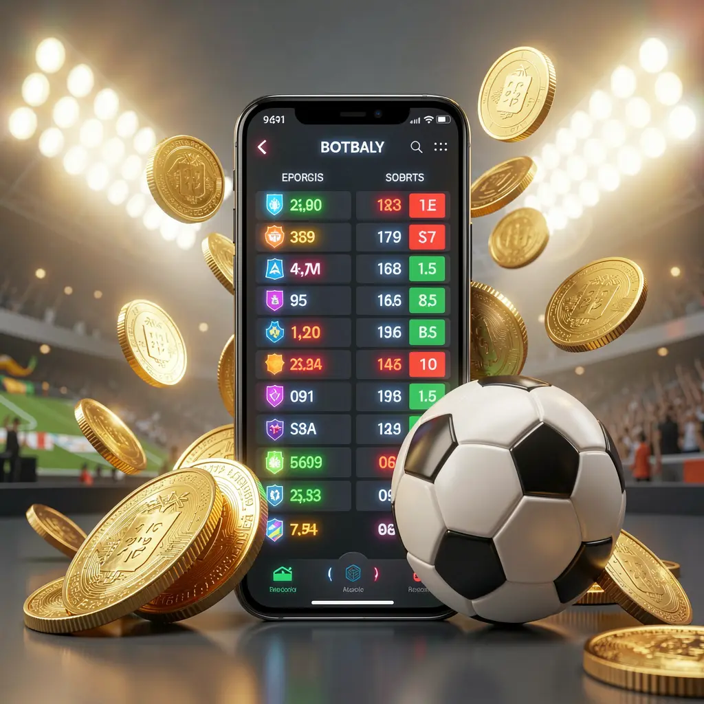 Cena moderna de apostas em futebol apresentando um smartphone exibindo uma interface brilhante de odds esportivas, uma bola de futebol, moedas douradas e luzes de estádio, mostrando a ilustração 3D premium da 556PG