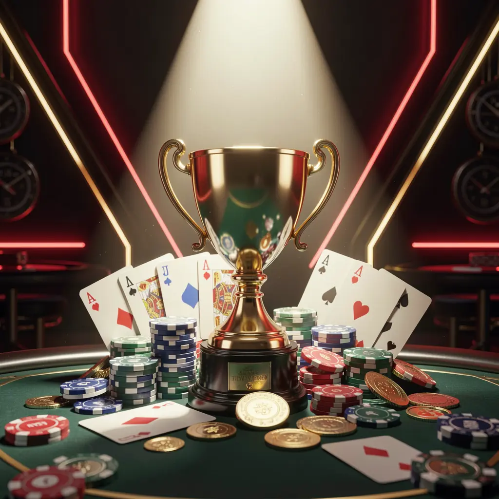 Troféu dourado cercado por fichas de pôquer, cartas de baralho e moedas em uma atmosfera competitiva de cassino luxuoso com detalhes em néon vermelho e dourado, representando o bônus de torneio do cassino 556PG