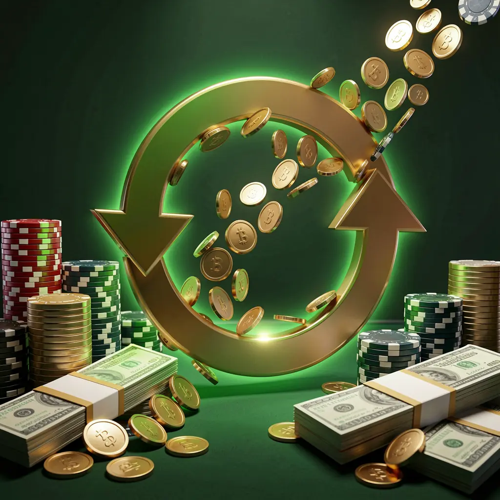 Renderização 3D realista de uma cena de bônus de cashback de cassino apresentando moedas movendo-se em uma seta circular, pilhas de fichas e maços de dinheiro com brilho verde e dourado, exibindo a marca 556PG no Brasil