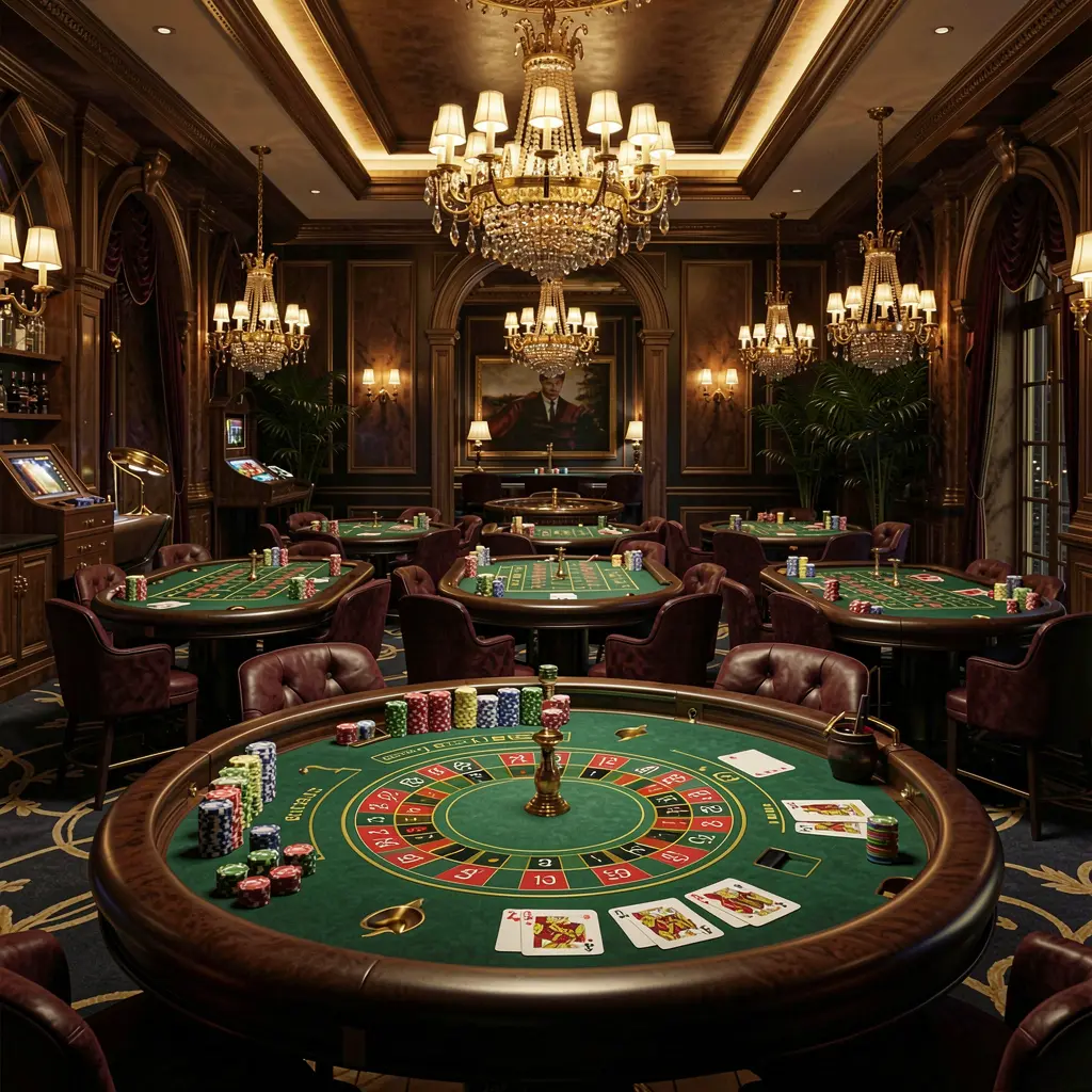 Lobby de cassino sofisticado apresentando a marca 556PG com luzes douradas, mesas de roleta, fichas e cartas, design elegante e premium, e um fundo escuro cinematográfico em uma renderização 3D ultradetalhada