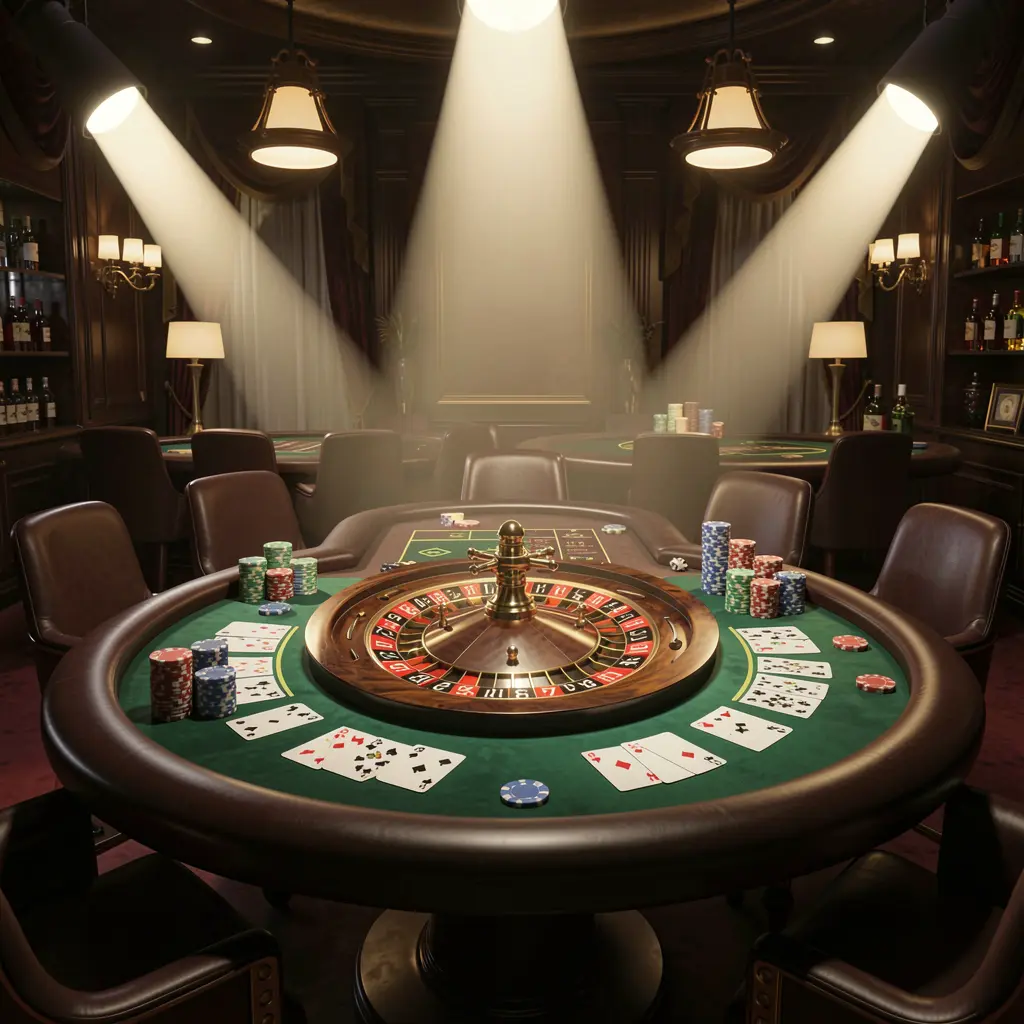 Cena de cassino ao vivo 556PG apresentando uma mesa de roleta, cartas de baralho e fichas sob holofotes brilhantes, com um fundo escuro e elegante em estilo 3D cinematográfico