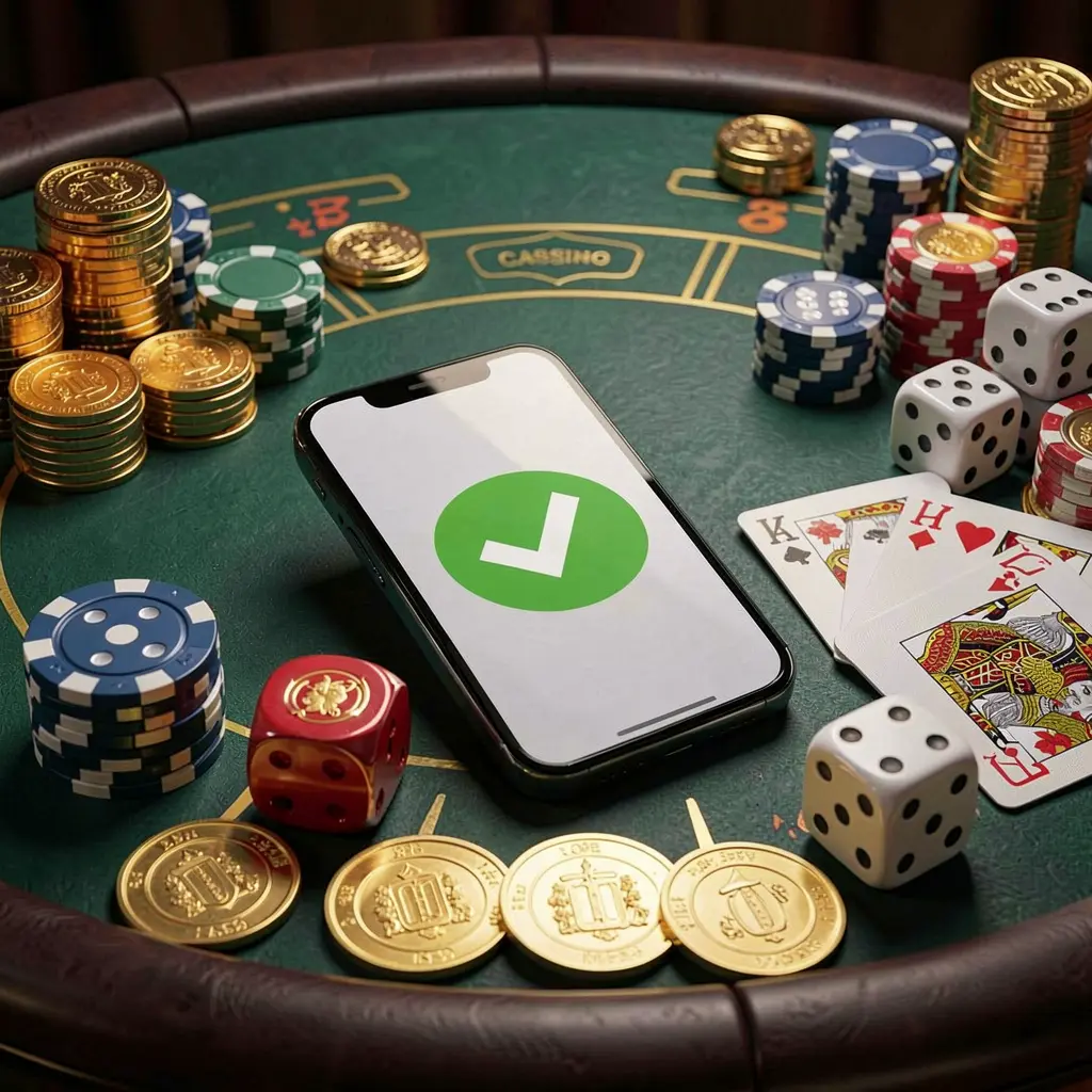 Conceito de login seguro no cassino 556PG mostrando um smartphone com ícone de marca de verificação, cercado por fichas, cartas, dados e moedas douradas sobre uma elegante mesa de cassino luxuosa em uma renderização 3D realista