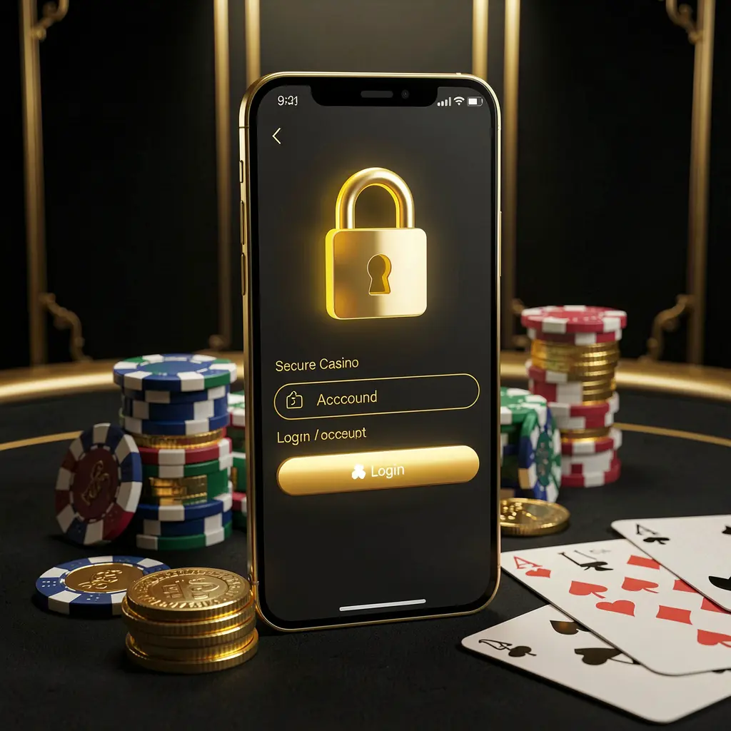 Conceito de login seguro de conta de cassino com ícone de cadeado brilhante na tela do smartphone, cercado por fichas de pôquer, cartas de baralho e moedas douradas sobre um elegante fundo preto e dourado com a marca 556PG