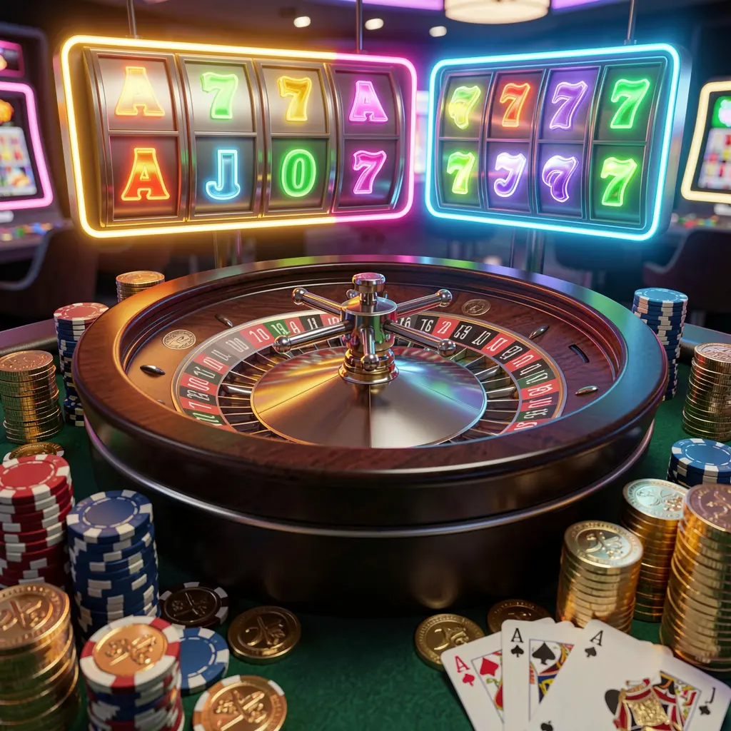 Visual da página inicial do cassino 556PG apresentando uma renderização 3D realista de uma roleta, fichas de pôquer, cartas de baralho, moedas douradas e luzes brilhantes de jackpot em uma composição dinâmica